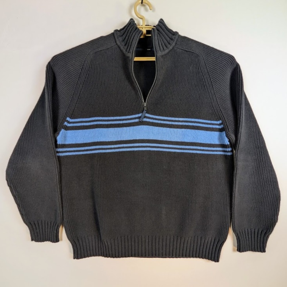 Gap Quarter Zip Sweater Men XXL Navy Blue Striped Heavy Ribbed Knit circa 2004